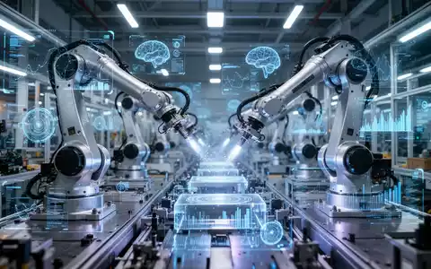 Roboterarme arbeiten in einer hochmodernen Fabrik, umgeben von digitalen Datenvisualisierungen, die Automatisierung und KI darstellen. - Foto: über boerse-global.de