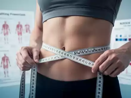 Nahaufnahme einer Person, deren Taille mit einem Maßband gemessen wird, mit medizinischen Diagrammen im Hintergrund. - Foto: über boerse-global.de