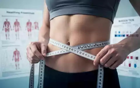 Nahaufnahme einer Person, deren Taille mit einem Maßband gemessen wird, mit medizinischen Diagrammen im Hintergrund. - Foto: über boerse-global.de