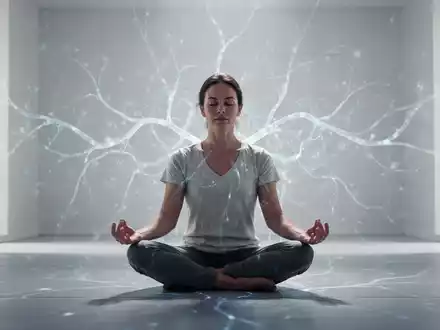 Eine Person sitzt in einer ruhigen, hellen Umgebung in Meditation, umgeben von subtilen, leuchtenden Mustern, die Bewusstsein und neuronale Aktivität symbolisieren. - Foto: über boerse-global.de