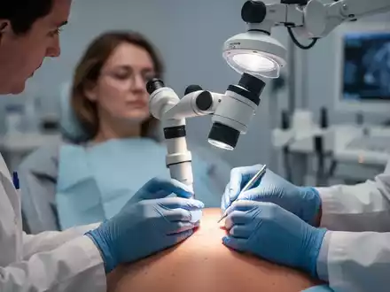 Nahaufnahme einer Hand, die ein Dermatoskop hält und die Haut untersucht, mit verschwommenem Hintergrund einer Arztpraxis. - Foto: über boerse-global.de