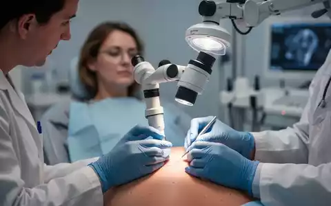 Nahaufnahme einer Hand, die ein Dermatoskop hält und die Haut untersucht, mit verschwommenem Hintergrund einer Arztpraxis. - Foto: über boerse-global.de