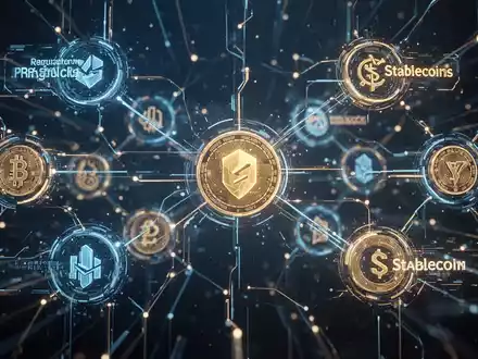 Glühendes digitales Netzwerk verbindet abstrakte Finanzinstitute und Stablecoin-Symbole, repräsentiert integrierte Regulierungsinfrastruktur. - Foto: über boerse-global.de