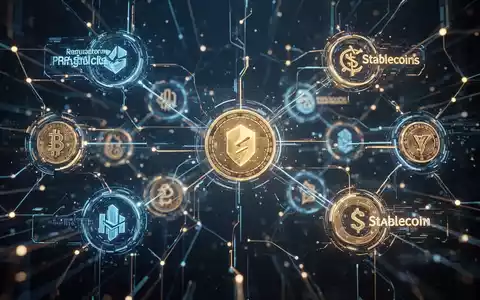 Glühendes digitales Netzwerk verbindet abstrakte Finanzinstitute und Stablecoin-Symbole, repräsentiert integrierte Regulierungsinfrastruktur. - Foto: über boerse-global.de
