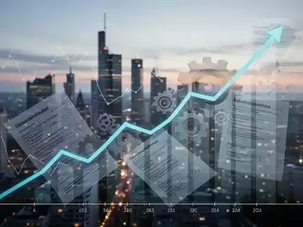Ein stilisiertes Diagramm zeigt einen Aufwärtstrend, überlagert mit abstrakten Darstellungen von Steuerformularen und Zahnrädern. Im Hintergrund eine moderne, leicht verschwommene Stadtlandschaft bei Dämmerung. - Foto: über boerse-global.de