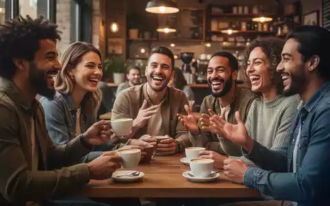 Eine Gruppe von Freunden lacht und unterhält sich in einem gemütlichen Café, was Verbundenheit und soziale Interaktion symbolisiert. - Foto: über boerse-global.de