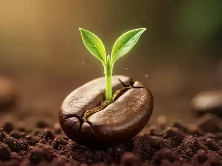 Ein Makroaufnahme einer Kaffeebohne, aus der ein zarter, leuchtend grüner Spross wächst, symbolisiert Naturstoffe und Wachstum. - Foto: über boerse-global.de