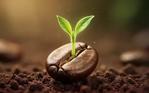 Ein Makroaufnahme einer Kaffeebohne, aus der ein zarter, leuchtend grüner Spross wächst, symbolisiert Naturstoffe und Wachstum. - Foto: über boerse-global.de