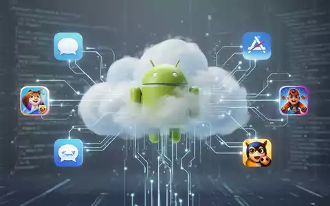 Ein Android-Roboter, teilweise von einer digitalen Wolke verdeckt, mit Datenströmen, die zu einzelnen App-Icons führen, symbolisiert App-Backup-Kontrolle. - Foto: über boerse-global.de