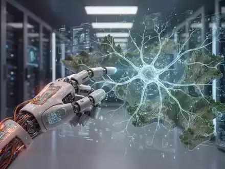 Eine hochentwickelte Roboterhand interagiert mit einem leuchtenden holografischen Display, das neuronale Netzwerke oder Umweltdaten zeigt. - Foto: über boerse-global.de