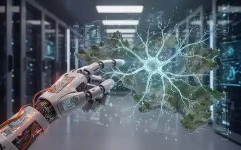 Eine hochentwickelte Roboterhand interagiert mit einem leuchtenden holografischen Display, das neuronale Netzwerke oder Umweltdaten zeigt. - Foto: über boerse-global.de