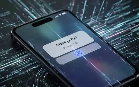 iPhone-Bildschirm zeigt Warnung 'Speicher voll', mit abstrakten digitalen Datenströmen und leuchtenden Linien im Hintergrund. - Foto: über boerse-global.de