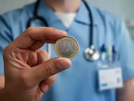 Eine Hand hält eine Euro-Münze, im unscharfen Hintergrund sind eine Pflegekraft und medizinische Geräte zu sehen. - Foto: über boerse-global.de