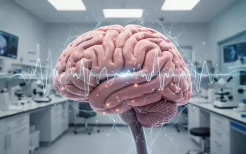 Nahaufnahme eines menschlichen Gehirns mit leuchtenden neuronalen Pfaden und einem abstrakten elektrischen Impuls entlang eines Nervs. - Foto: über boerse-global.de