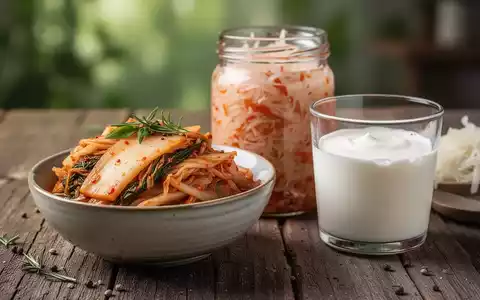Nahaufnahme von fermentierten Lebensmitteln wie Kimchi, Sauerkraut und Joghurt auf einem Holztisch, Fokus auf gesunde Ernährung. - Foto: über boerse-global.de