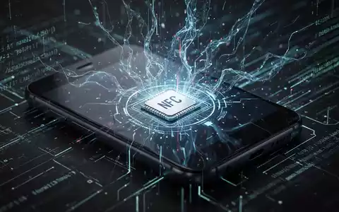 Ein Android-Smartphone mit einem leuchtenden NFC-Symbol, das von abstrakten Cyber-Bedrohungen umgeben ist, symbolisiert Datenklau. - Foto: über boerse-global.de