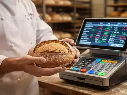 Hände eines Bäckers halten ein traditionelles Brot vor einer unscharfen modernen Registrierkasse mit Zahlen. Die Szene symbolisiert Steuerkomplexität. - Foto: über boerse-global.de