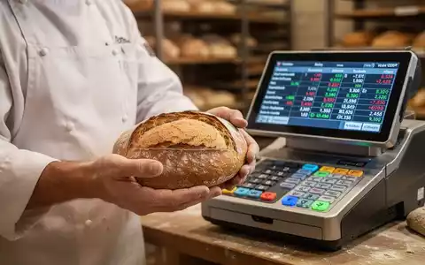 Hände eines Bäckers halten ein traditionelles Brot vor einer unscharfen modernen Registrierkasse mit Zahlen. Die Szene symbolisiert Steuerkomplexität. - Foto: über boerse-global.de