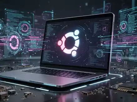 Modernes Laptop mit Ubuntu-Logo, umgeben von digitalen Hardware- und Datenflüssen. - Foto: über boerse-global.de