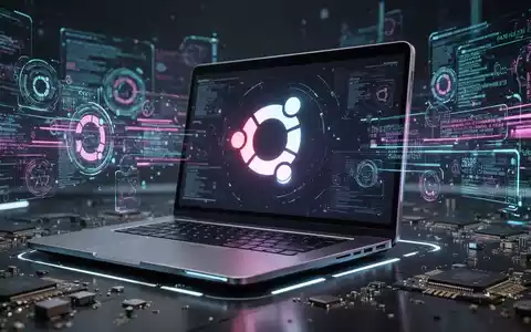 Modernes Laptop mit Ubuntu-Logo, umgeben von digitalen Hardware- und Datenflüssen. - Foto: über boerse-global.de