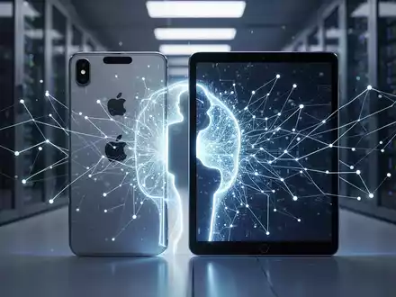 Nahaufnahme eines Apple iPhone und iPad mit abstrakten digitalen Linien, die sie verbinden, als Symbol für KI und Softwareentwicklung. - Foto: über boerse-global.de