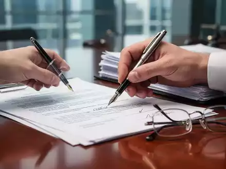 Eine Hand unterschreibt ein wichtiges Dokument mit einem Füllfederhalter, umgeben von weiteren Rechtsdokumenten und Lesebrille. - Foto: über boerse-global.de