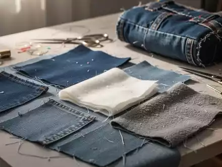 Nahaufnahme verschiedener Stoffreste, Nähwerkzeuge und ein teilweise fertiggestelltes Upcycling-Produkt auf einem Arbeitstisch. - Foto: über boerse-global.de