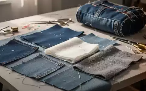 Nahaufnahme verschiedener Stoffreste, Nähwerkzeuge und ein teilweise fertiggestelltes Upcycling-Produkt auf einem Arbeitstisch. - Foto: über boerse-global.de