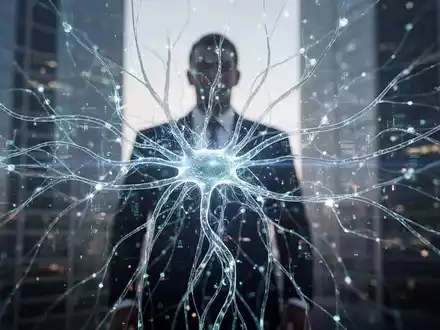 Abstraktes Bild eines leuchtenden KI-Neuronalen Netzes mit unscharfer Silhouette eines Geschäftsmannes oder Gebäudes im Hintergrund. - Foto: über boerse-global.de