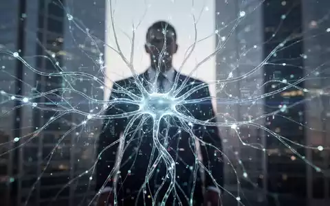 Abstraktes Bild eines leuchtenden KI-Neuronalen Netzes mit unscharfer Silhouette eines Geschäftsmannes oder Gebäudes im Hintergrund. - Foto: über boerse-global.de