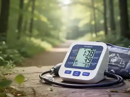 Ein stilisiertes Bild, das Blutdruckkontrolle und Waldtherapie darstellt, mit einem digitalen Blutdruckmessgerät und beruhigenden Naturmerkmalen. - Foto: über boerse-global.de