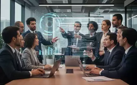 Eine Gruppe von Fachleuten diskutiert in einem modernen Büro, wobei einer auf eine holografische Anzeige zeigt, die Daten und Gesetzestexte darstellt. - Foto: über boerse-global.de