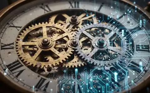 Nahaufnahme eines mechanischen Uhrwerks, das sich mit digitalen Schaltkreiselementen überschneidet, symbolisiert Arbeitszeitreformen. - Foto: über boerse-global.de