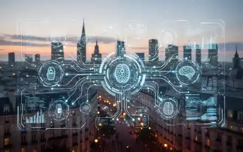 Eine leuchtende, transparente digitale Benutzeroberfläche zeigt Datenflüsse und KI-Symbole über einer Stadtlandschaft bei Sonnenuntergang. - Foto: über boerse-global.de