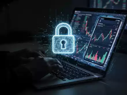 Hände tippen auf einem Laptop, überlagert von einem stilisierten iPhone-Bildschirm mit Kryptowährungsgrafiken und einem digitalen Vorhängeschloss. - Foto: über boerse-global.de
