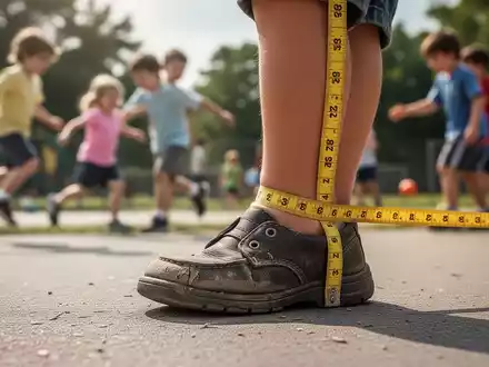 Nahaufnahme der Füße eines Kindes in einem zu kleinen Schuh, während im Hintergrund Kinder spielen. - Foto: über boerse-global.de
