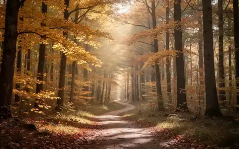 Ein ruhiger Herbstwald in Brandenburg mit goldenen BlĂ€ttern und einem gewundenen Pfad, der zum Fastenwandern einlĂ€dt. - Foto: ĂŒber boerse-global.de