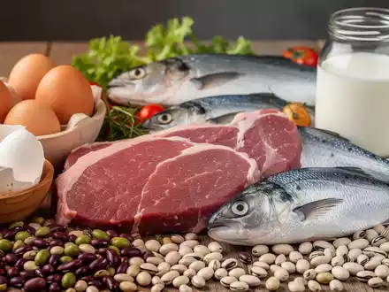 Eine Nahaufnahme von verschiedenen proteinreichen Lebensmitteln wie Eiern, Fleisch, Fisch, Hülsenfrüchten und Milchprodukten. - Foto: über boerse-global.de