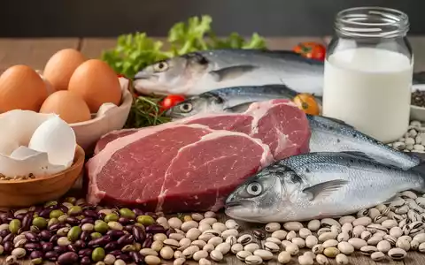 Eine Nahaufnahme von verschiedenen proteinreichen Lebensmitteln wie Eiern, Fleisch, Fisch, Hülsenfrüchten und Milchprodukten. - Foto: über boerse-global.de