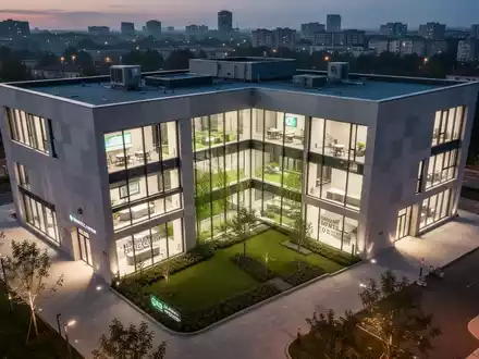 Ein modernes, würfelförmiges Gesundheitszentrum mit großen Fenstern und einem grünen Innenhof, aufgenommen aus der Vogelperspektive in der Dämmerung. - Foto: über boerse-global.de