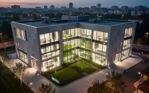 Ein modernes, würfelförmiges Gesundheitszentrum mit großen Fenstern und einem grünen Innenhof, aufgenommen aus der Vogelperspektive in der Dämmerung. - Foto: über boerse-global.de