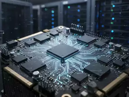 Nahaufnahme einer leuchtenden GPU-Platine mit Mikrochips und Anschlüssen, teilweise durch digitalen Glitch-Effekt verdeckt. - Foto: über boerse-global.de