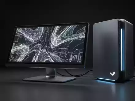 Ein schlankes E-Ink-Display, das abstrakte digitale Muster anzeigt und mit einer futuristischen Steam Machine verbunden ist. - Foto: über boerse-global.de