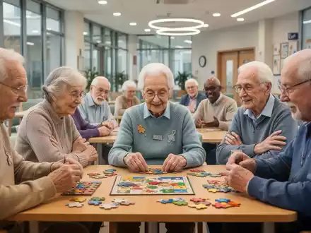 Ältere Menschen nehmen an einem Workshop zum Gedächtnistraining teil, lösen Rätsel und spielen Brettspiele in einer Gruppe. - Foto: über boerse-global.de