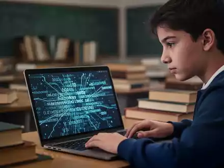 Ein Student blickt nachdenklich auf einen Laptop-Bildschirm mit KI-generiertem Text, im Hintergrund unscharfe Lehrbücher. - Foto: über boerse-global.de
