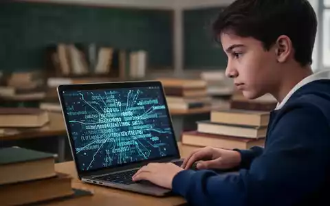 Ein Student blickt nachdenklich auf einen Laptop-Bildschirm mit KI-generiertem Text, im Hintergrund unscharfe Lehrbücher. - Foto: über boerse-global.de
