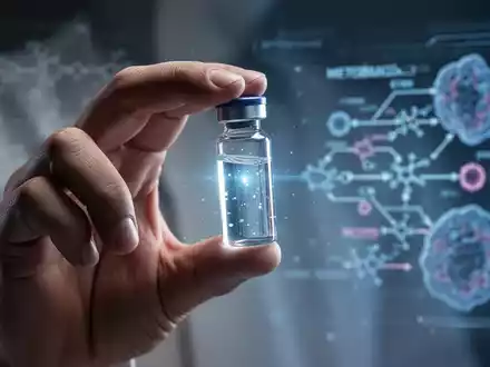 Eine Hand hält ein kleines Glasfläschchen mit einer leuchtenden Flüssigkeit. Im Hintergrund sind verschwommene Stoffwechselprozesse zu sehen. - Foto: über boerse-global.de