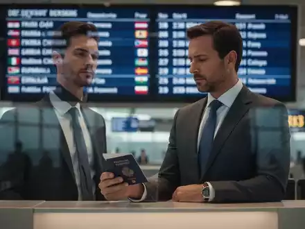 Ein Mann im Anzug hält seinen Reisepass an einer Passkontrolle, im Hintergrund eine Anzeigetafel mit Reisezielen. - Foto: über boerse-global.de
