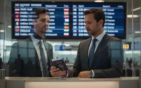 Ein Mann im Anzug hält seinen Reisepass an einer Passkontrolle, im Hintergrund eine Anzeigetafel mit Reisezielen. - Foto: über boerse-global.de