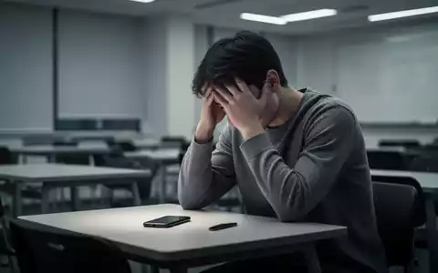 Ein junger Mensch sitzt nachdenklich an einem Schreibtisch in einem Klassenzimmer oder Büro, den Kopf in den Händen, ein Smartphone liegt daneben. - Foto: über boerse-global.de